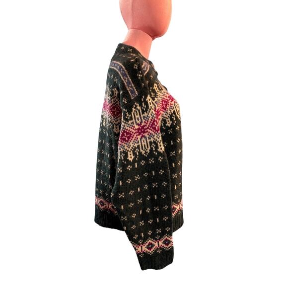 VTG USA Made LL Bean Wool Pullover Sweater Green Intarsia Nordic Design Button M - Picture 3 of 8